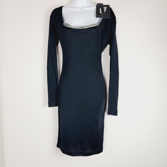 Just Cavalli Black Square Neck Bodycon Dress Animal Print Neckline Size S NWT - Picture 2 of 14